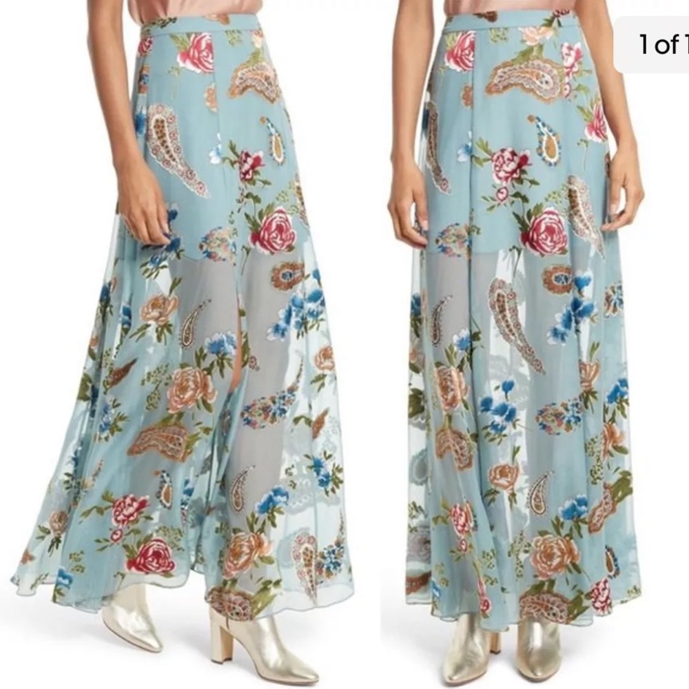 Alice and Olivia Silk Maxi Skirt Athena Floral Pastel Side Slit, 2, NWT